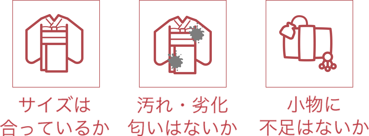 サイズは合っているか、汚れ・劣化・匂いはないか、小物に不足はないか